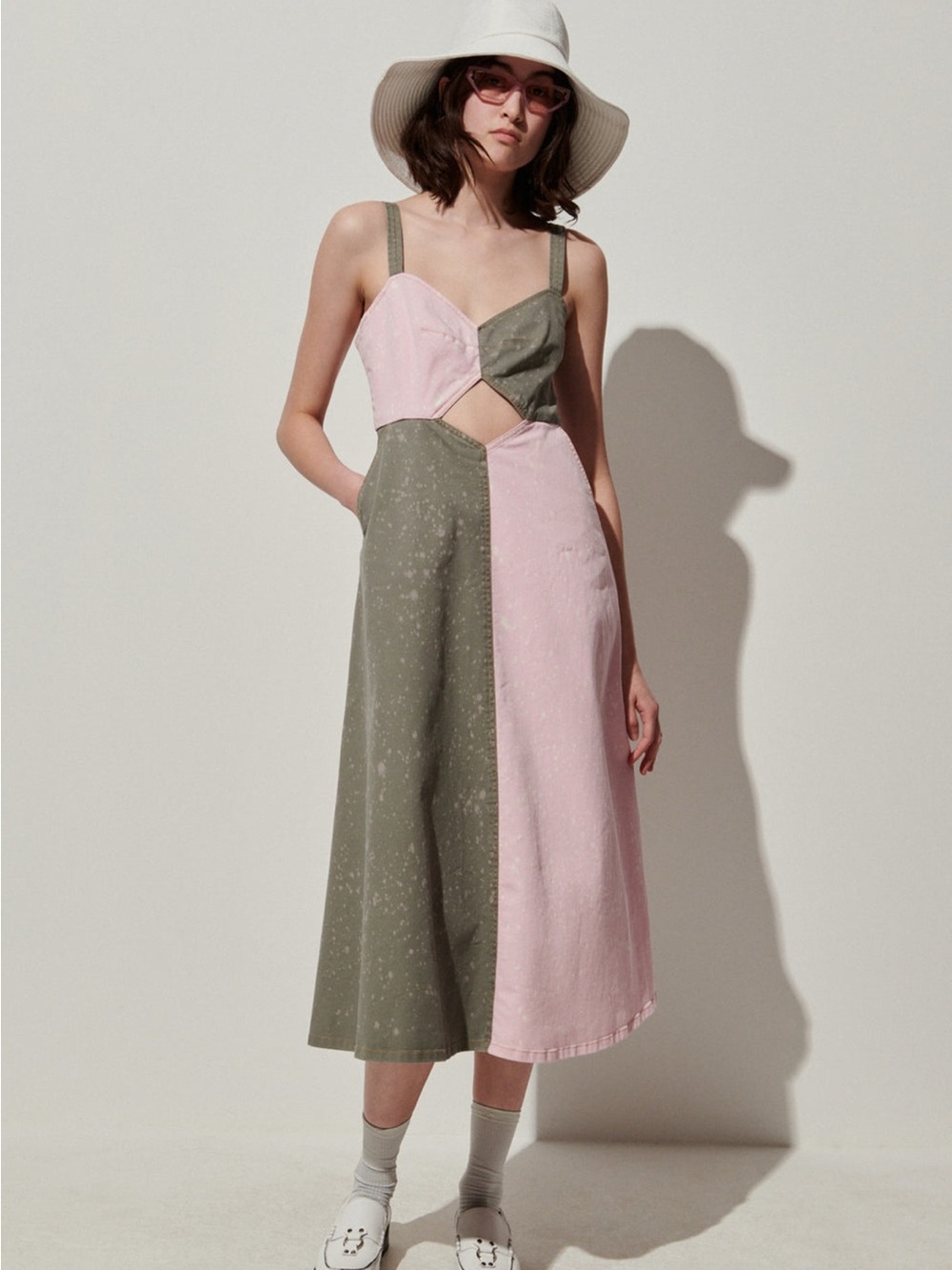 Rachel Comey Caprea Pink and Olive Two-Tone Cutout Midi Dress